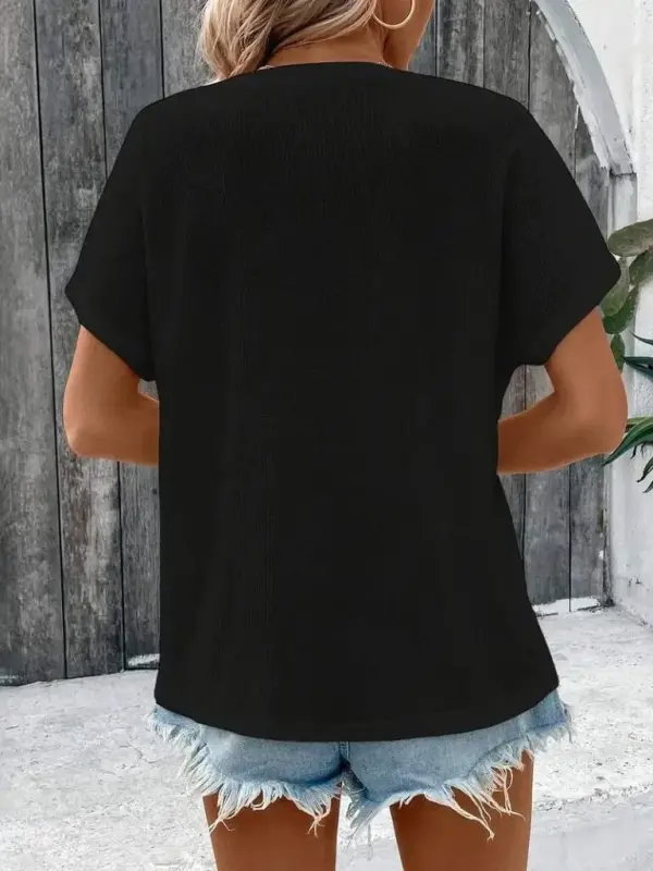 Kadın Kısa Kollu Yakası Açık önden Düğmeli Waffle Bluz - 4