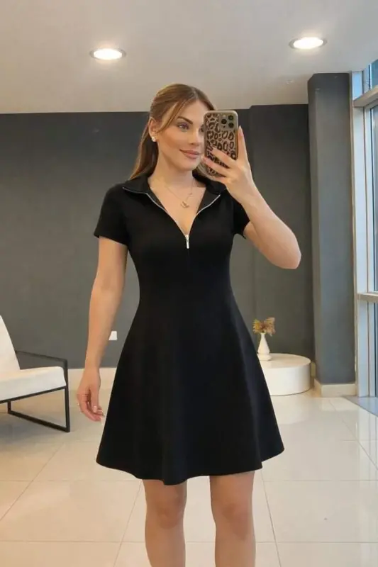 Kadın Kısa Kollu Yakası Fermuarlı Kısa Viskon Iki Iplik Elbise - BÜYÜKBEDENIZ