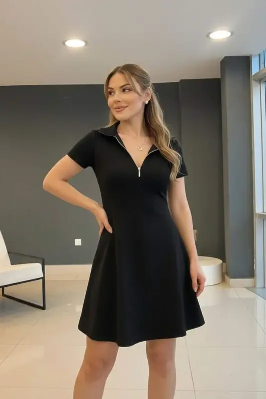 Kadın Kısa Kollu Yakası Fermuarlı Kısa Viskon Iki Iplik Elbise - 4
