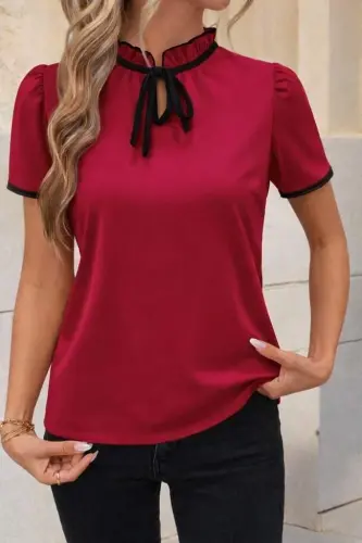 Kadın Kısa Kollu Yakası Fırfırlı Bağcıklı Janjan Krep Bluz - BÜYÜKBEDENIZ (1)