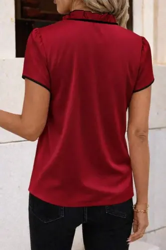 Kadın Kısa Kollu Yakası Fırfırlı Bağcıklı Janjan Krep Bluz - 3