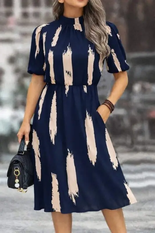 Kadın Kısa Kollu Yarı Balıkçı Yaka Ceplı Desenli Midi Elbise - 3