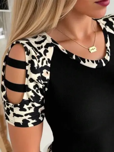 Kadın Kısa Kollu Yuvarlak Yaka Kollarda şerit Detaylı Leoparlı Viskon Bluz - 2