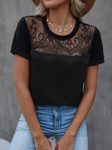 Kadın Kısa Kollu Yuvarlak Yaka ön Dantel Detaylı Viskon Bluz - 3