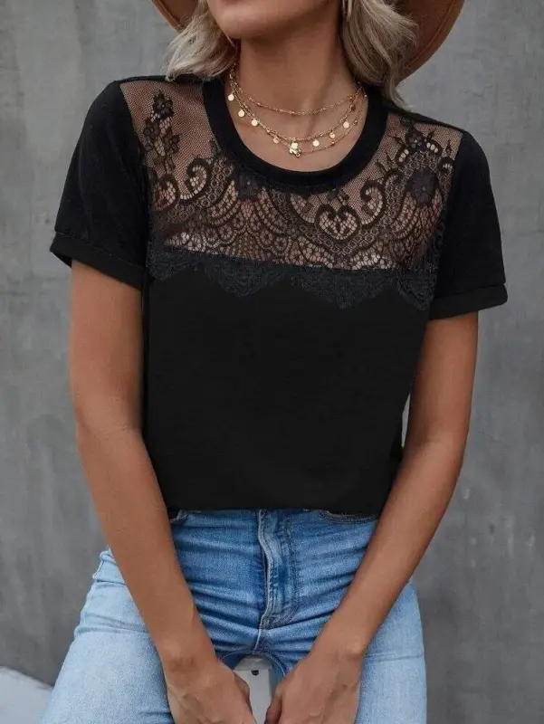 Kadın Kısa Kollu Yuvarlak Yaka ön Dantel Detaylı Viskon Bluz - 3