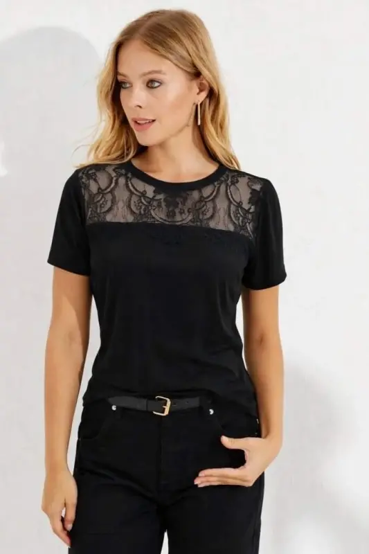 Kadın Kısa Kollu Yuvarlak Yaka ön Dantel Detaylı Viskon Bluz - 4