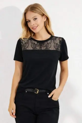 Kadın Kısa Kollu Yuvarlak Yaka ön Dantel Detaylı Viskon Bluz - 6