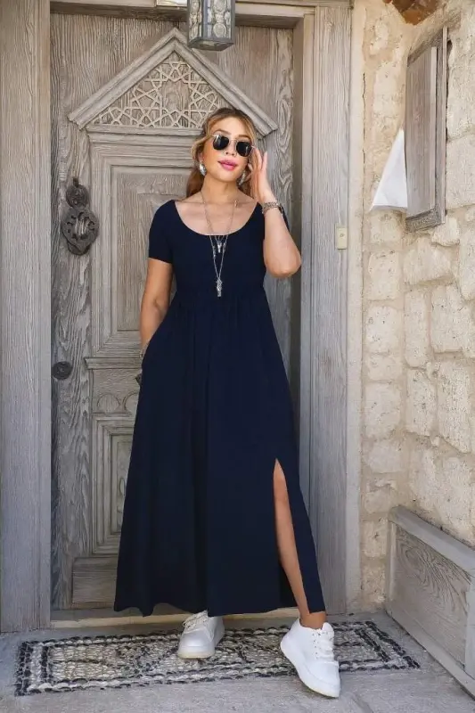 Kadın Kısa Kollu Yuvarlak Yaka önden Yırtmaçlı Cepli Viskon Uzun Elbise - 1