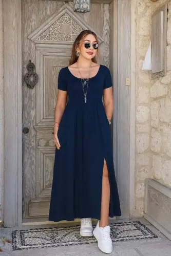 Kadın Kısa Kollu Yuvarlak Yaka önden Yırtmaçlı Cepli Viskon Uzun Elbise - 2