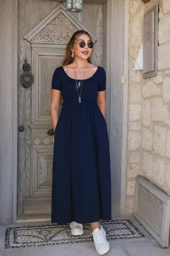 Kadın Kısa Kollu Yuvarlak Yaka önden Yırtmaçlı Cepli Viskon Uzun Elbise - 3