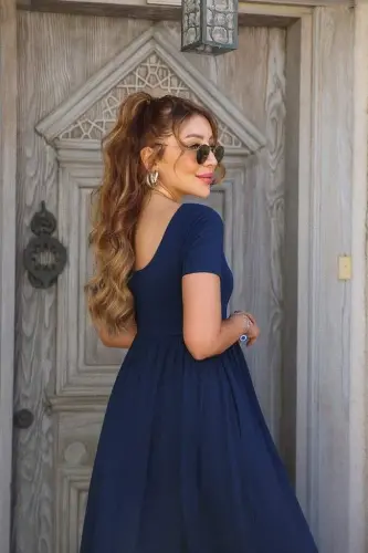 Kadın Kısa Kollu Yuvarlak Yaka önden Yırtmaçlı Cepli Viskon Uzun Elbise - 4