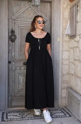 Kadın Kısa Kollu Yuvarlak Yaka önden Yırtmaçlı Cepli Viskon Uzun Elbise - 3