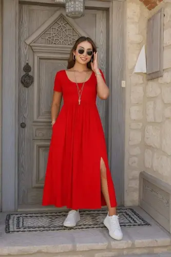 Kadın Kısa Kollu Yuvarlak Yaka önden Yırtmaçlı Cepli Viskon Uzun Elbise - 1