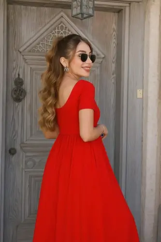 Kadın Kısa Kollu Yuvarlak Yaka önden Yırtmaçlı Cepli Viskon Uzun Elbise - BÜYÜKBEDENIZ (1)