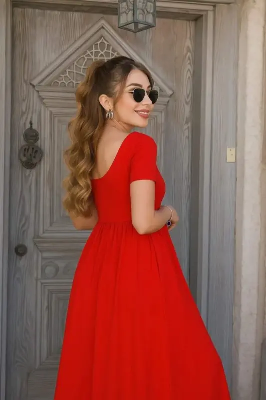 Kadın Kısa Kollu Yuvarlak Yaka önden Yırtmaçlı Cepli Viskon Uzun Elbise - 2