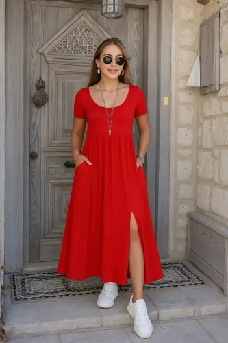 Kadın Kısa Kollu Yuvarlak Yaka önden Yırtmaçlı Cepli Viskon Uzun Elbise - 3