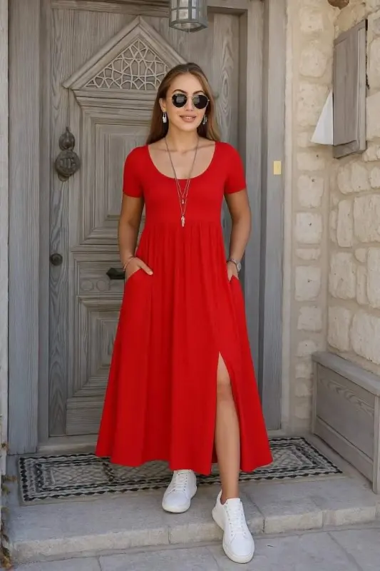 Kadın Kısa Kollu Yuvarlak Yaka önden Yırtmaçlı Cepli Viskon Uzun Elbise - 3