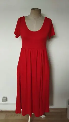 Kadın Kısa Kollu Yuvarlak Yaka önden Yırtmaçlı Cepli Viskon Uzun Elbise - 4