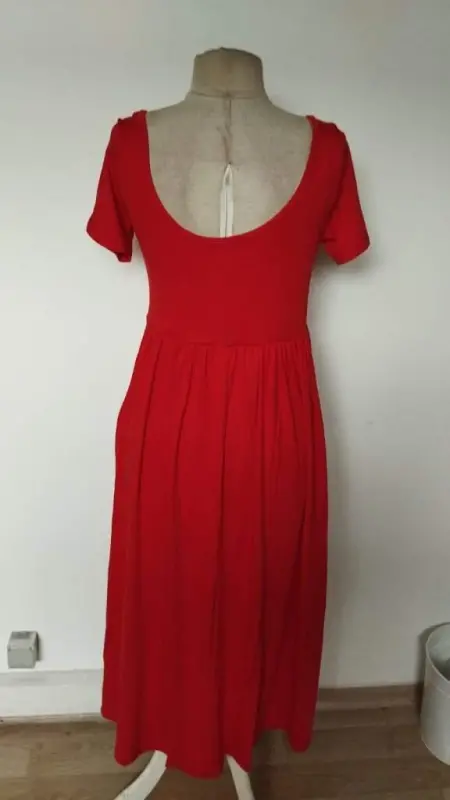 Kadın Kısa Kollu Yuvarlak Yaka önden Yırtmaçlı Cepli Viskon Uzun Elbise - 5