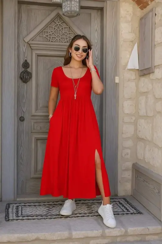 Kadın Kısa Kollu Yuvarlak Yaka önden Yırtmaçlı Cepli Viskon Uzun Elbise - BÜYÜKBEDENIZ