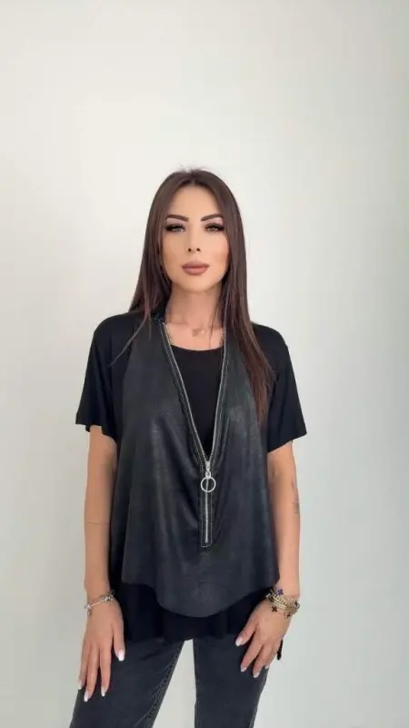 Kadın Kısa Kollu Yuvarlak Yaka Viskon Bluz + Kolsuz Fermuarlı çatlak Deri Yelek - 2