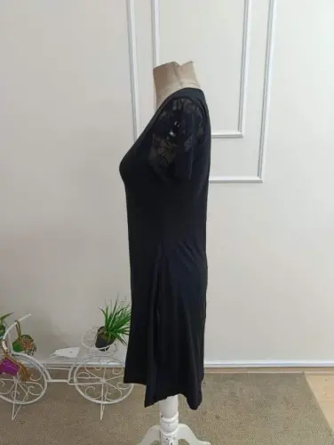 Kadın Kısa Kollu Yuvarlak Yakalı Kolu Dantelli Kısa Viıskon Elbise - 6