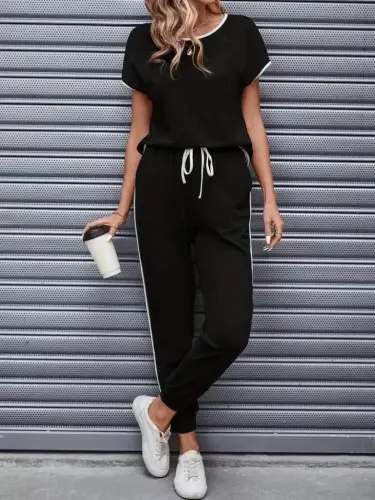 Kadın Kısa Kollu Yuvarlak Yakalı şerit Detaylı Viskon Iki Iplik Bluz Ve Pantolon Ikili Takım - 1