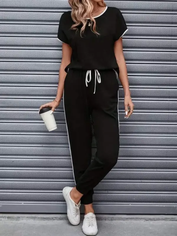 Kadın Kısa Kollu Yuvarlak Yakalı şerit Detaylı Viskon Iki Iplik Bluz Ve Pantolon Ikili Takım - 1