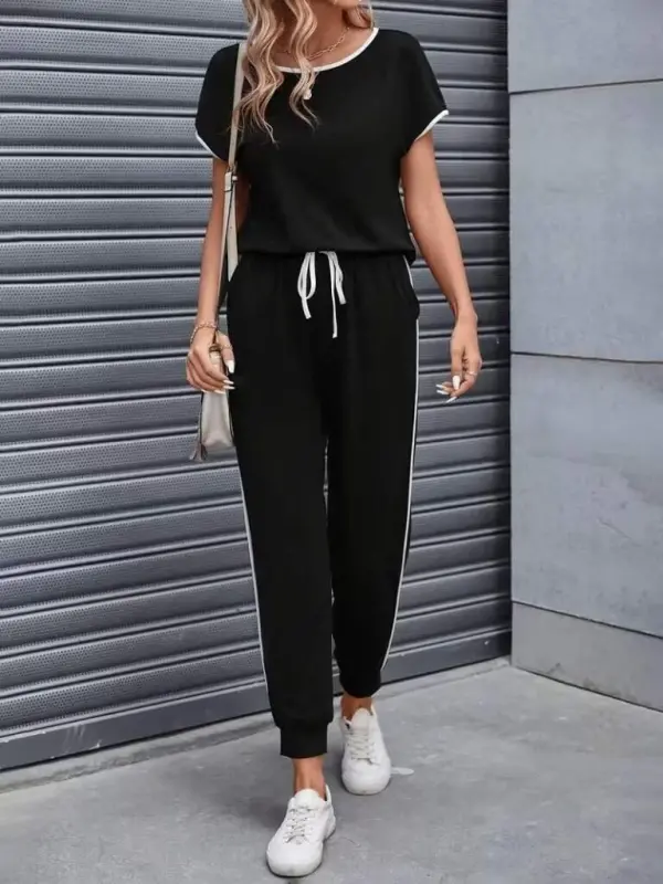 Kadın Kısa Kollu Yuvarlak Yakalı şerit Detaylı Viskon Iki Iplik Bluz Ve Pantolon Ikili Takım - 2