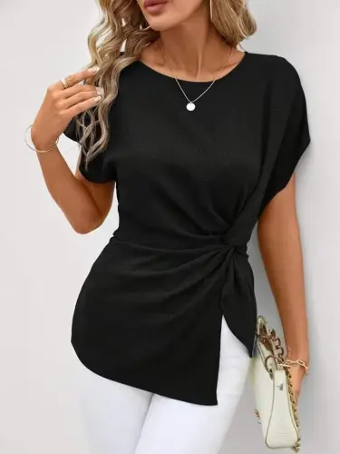 Kadın Kısa Kollu Yuvarlak Yakalı Yandan Sarmal Detaylı Bürümcük Bluz - 2