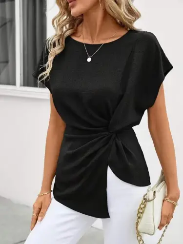 Kadın Kısa Kollu Yuvarlak Yakalı Yandan Sarmal Detaylı Bürümcük Bluz - 5