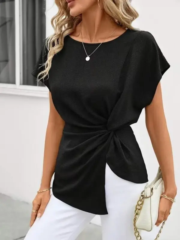 Kadın Kısa Kollu Yuvarlak Yakalı Yandan Sarmal Detaylı Bürümcük Bluz - 5