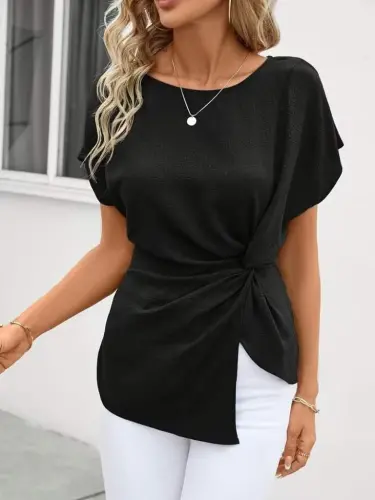 Kadın Kısa Kollu Yuvarlak Yakalı Yandan Sarmal Detaylı Bürümcük Bluz - 6