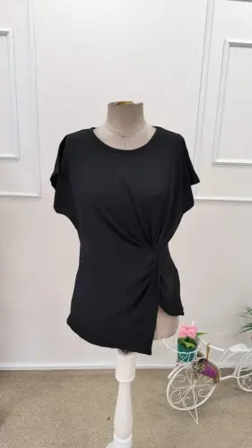 Kadın Kısa Kollu Yuvarlak Yakalı Yandan Sarmal Detaylı Bürümcük Bluz - 8