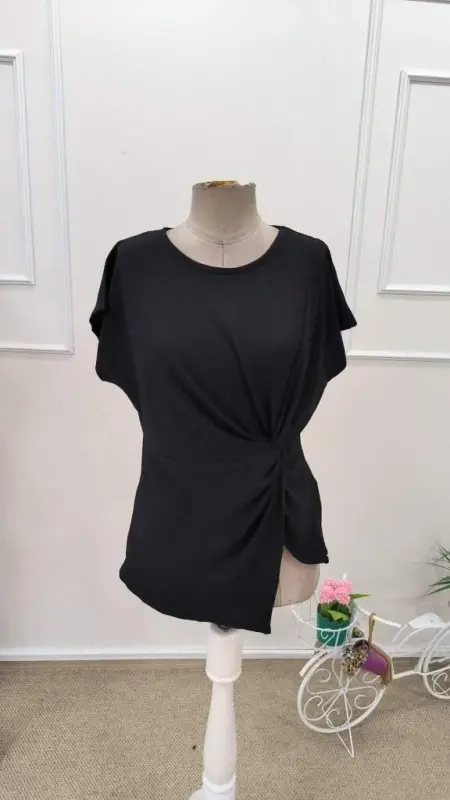 Kadın Kısa Kollu Yuvarlak Yakalı Yandan Sarmal Detaylı Bürümcük Bluz - 8