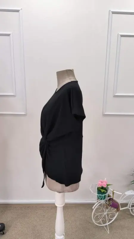 Kadın Kısa Kollu Yuvarlak Yakalı Yandan Sarmal Detaylı Bürümcük Bluz - 9