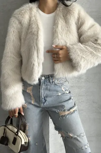 Kadın Kısa Yumuşak Premium Kürk Ceket-Bejprv 