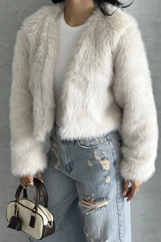 Kadın Kısa Yumuşak Premium Kürk Ceket-Bejprv - 2