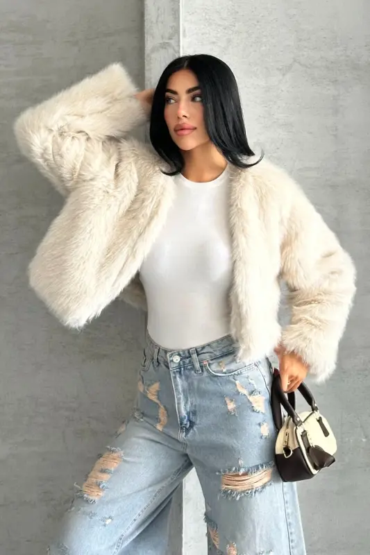 Kadın Kısa Yumuşak Premium Kürk Ceket-Bejprv - 3