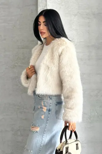 Kadın Kısa Yumuşak Premium Kürk Ceket-Bejprv - 4