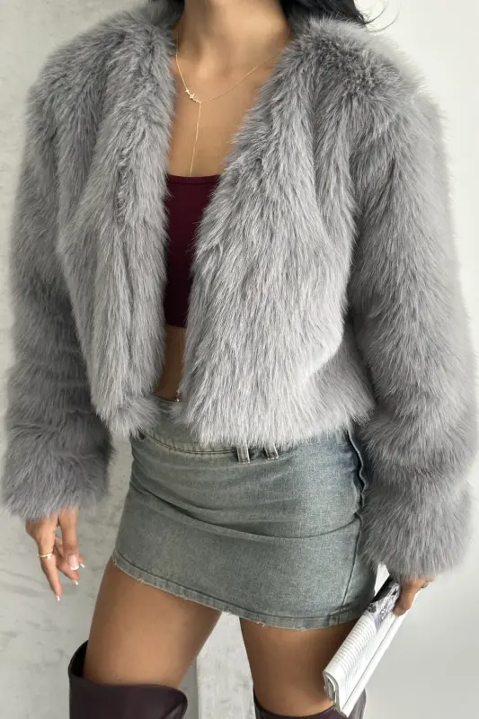 Kadın Kısa Yumuşak Premium Kürk Ceket-Griprv - 2