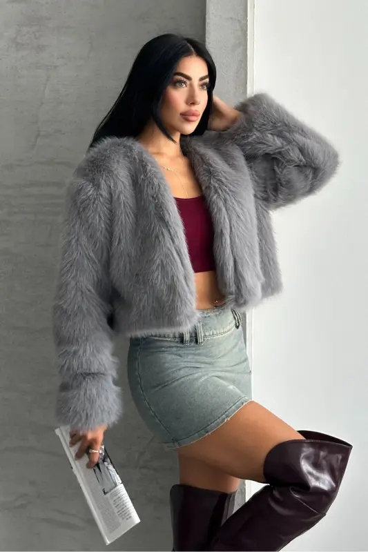 Kadın Kısa Yumuşak Premium Kürk Ceket-Griprv - 4