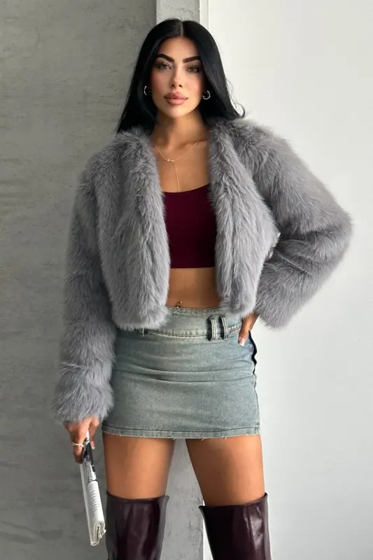 Kadın Kısa Yumuşak Premium Kürk Ceket-Griprv - 3