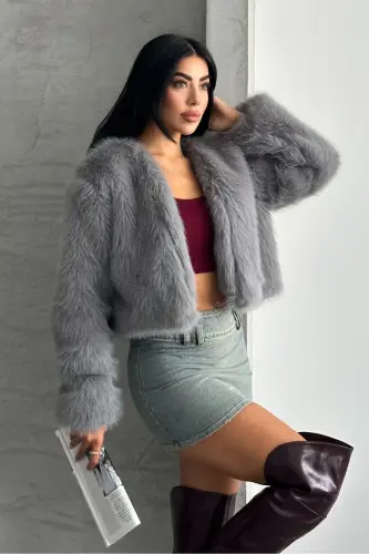 Kadın Kısa Yumuşak Premium Kürk Ceket-Griprv - 4