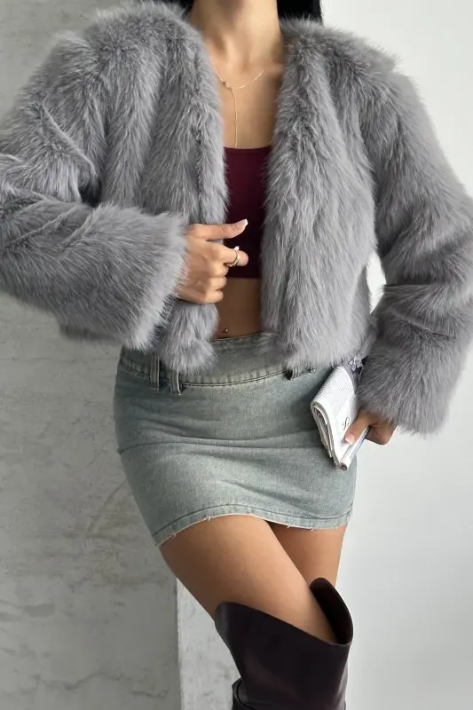 Kadın Kısa Yumuşak Premium Kürk Ceket-Griprv - SINEMKIVANC CO