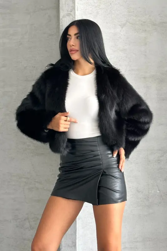 Kadın Kısa Yumuşak Premium Kürk Ceket-Siyahprv - 3