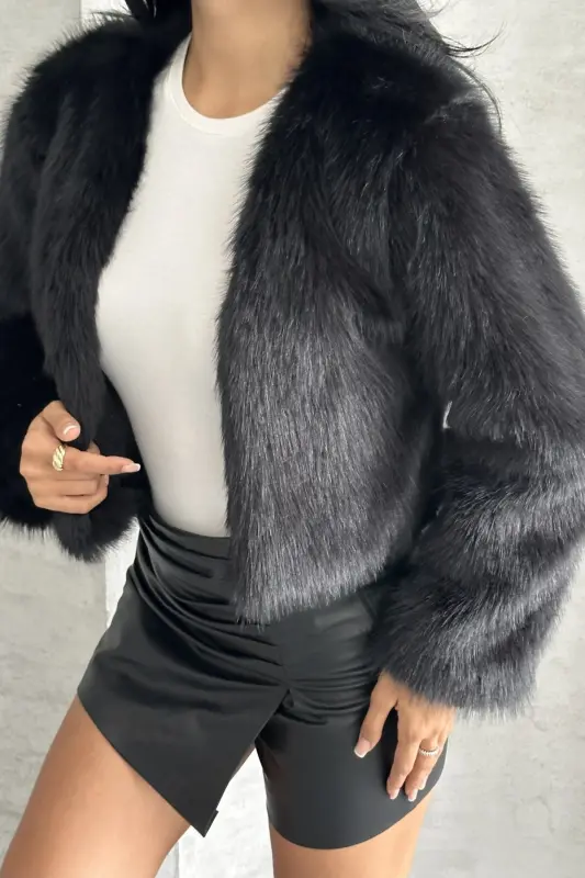 Kadın Kısa Yumuşak Premium Kürk Ceket-Siyahprv - 2