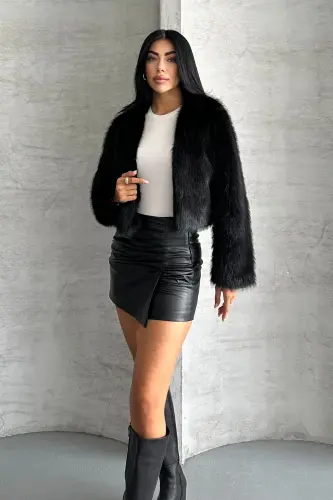 Kadın Kısa Yumuşak Premium Kürk Ceket-Siyahprv - 4