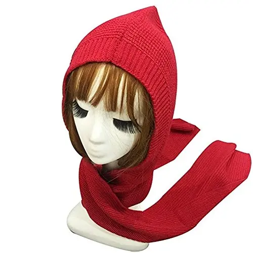 Women Winter 3 in 1 Hooded Hat Scarf Wrap Shawl Crochet Knit Pullover Neckwarmer - 2