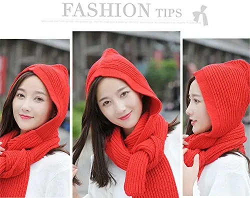 Women Winter 3 in 1 Hooded Hat Scarf Wrap Shawl Crochet Knit Pullover Neckwarmer - 6